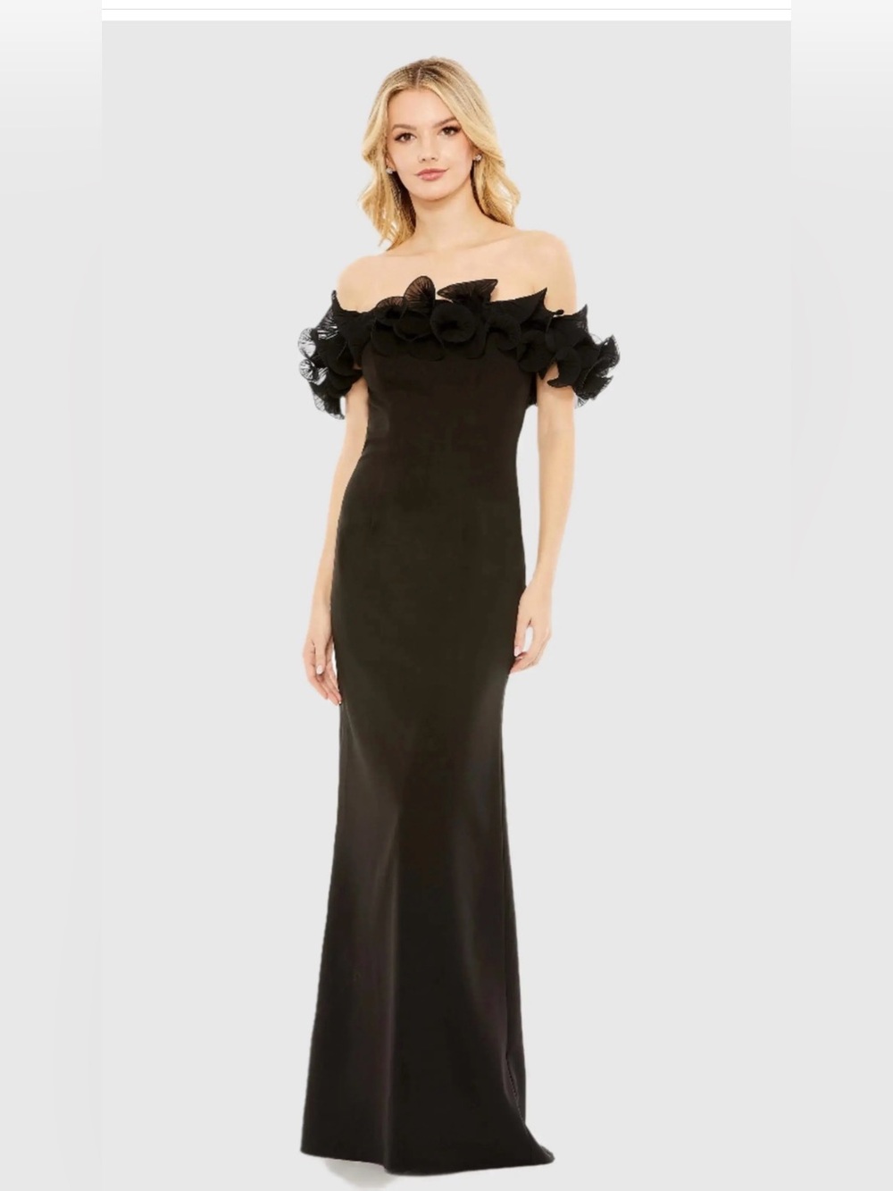 Strapless Black Ruffle Off-Shoulder Evening Gown